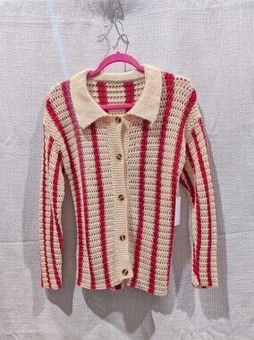 Moon River Cream and Red Striped Crochet Button-Up Cardigan